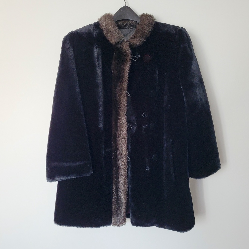 VINTAGE 70s Luxurious‎ Faux Mink Fur Coat Hillmoor Silk Lining Black Brown XL